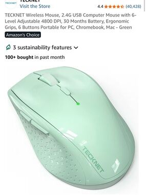 TECKNET Wireless Mint Green Ergonomic Mouse